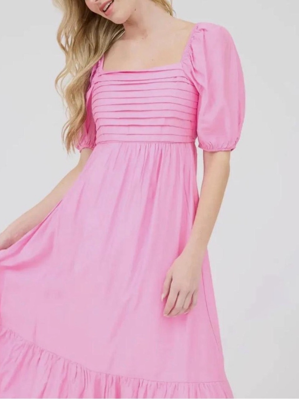 Pink Puff-Sleeve Square Neck Midi Dress